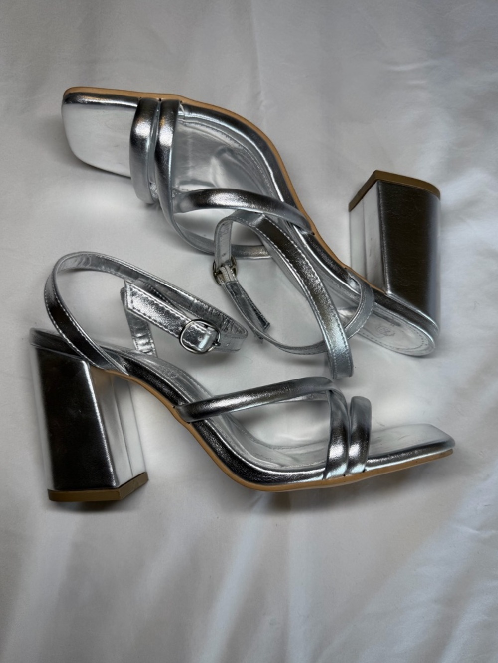Metallic Silver Strappy Block Heel